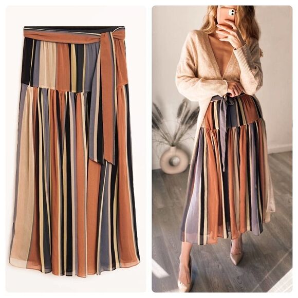 Mango Skirt Stripes Midi Belted New - Picture 1 of 8